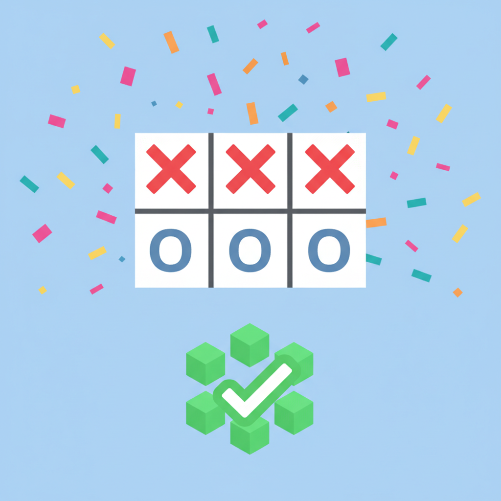 tic-tac-toe win with three X's, confetti burst and green blockchain checkmark