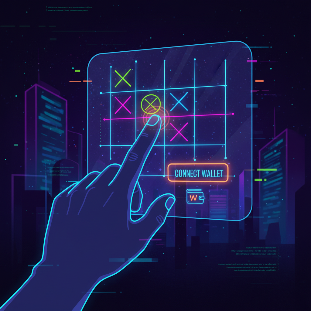 user clicking connect wallet button on glowing tic-tac-toe dapp interface, cyberpunk neon vibes