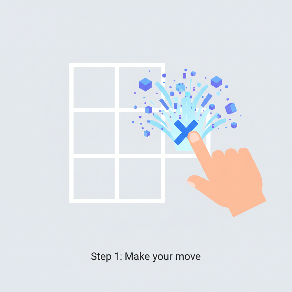 finger clicking empty tic-tac-toe grid position, X appearing with blockchain particles exploding