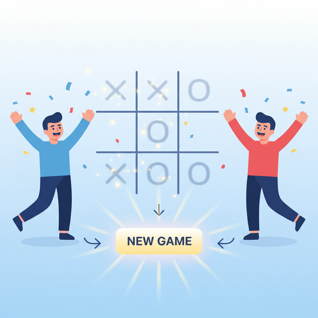tic-tac-toe board resetting with new game button glow, players cheering energetically