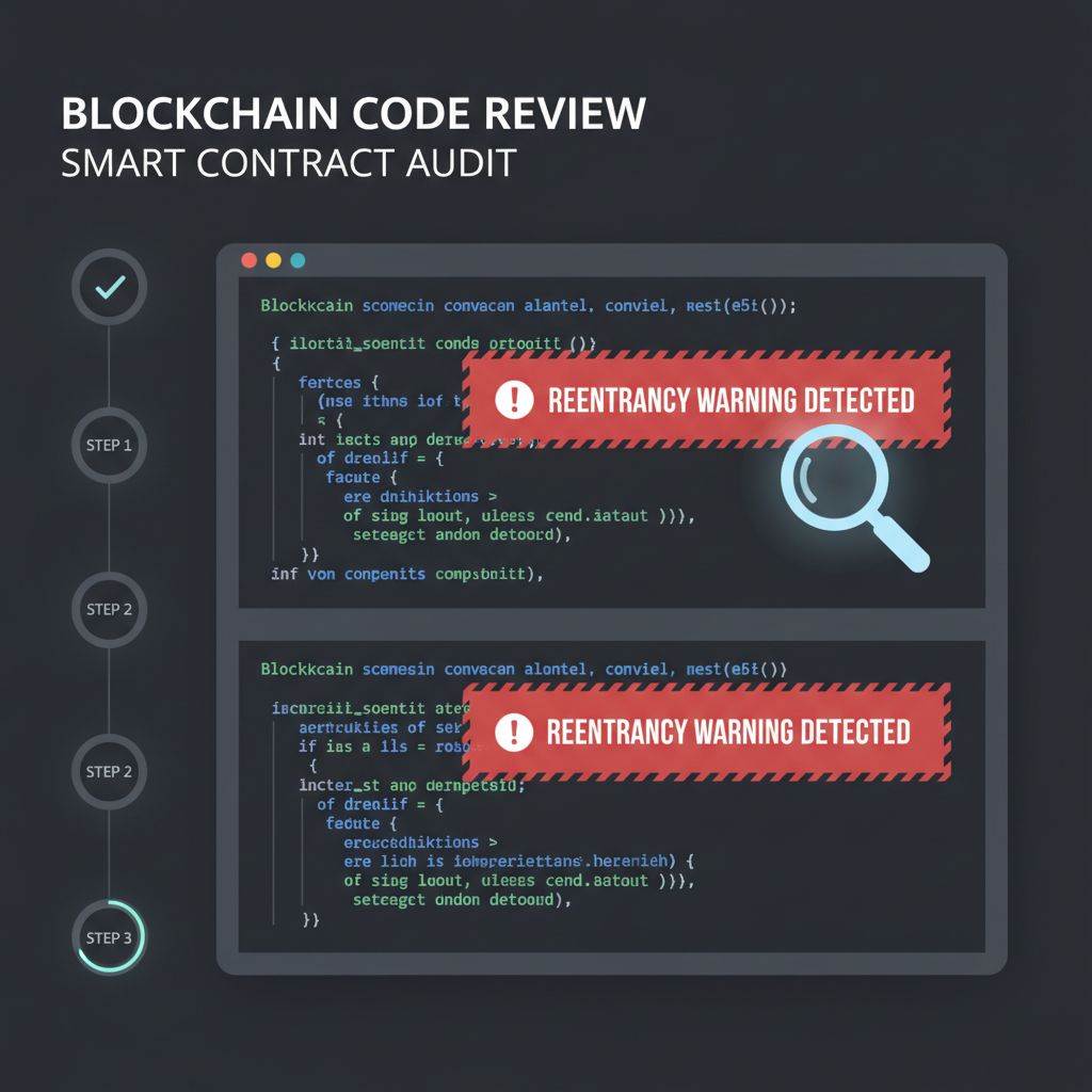 smart contract audit screen with reentrancy warnings, blockchain code review, dark mode terminal