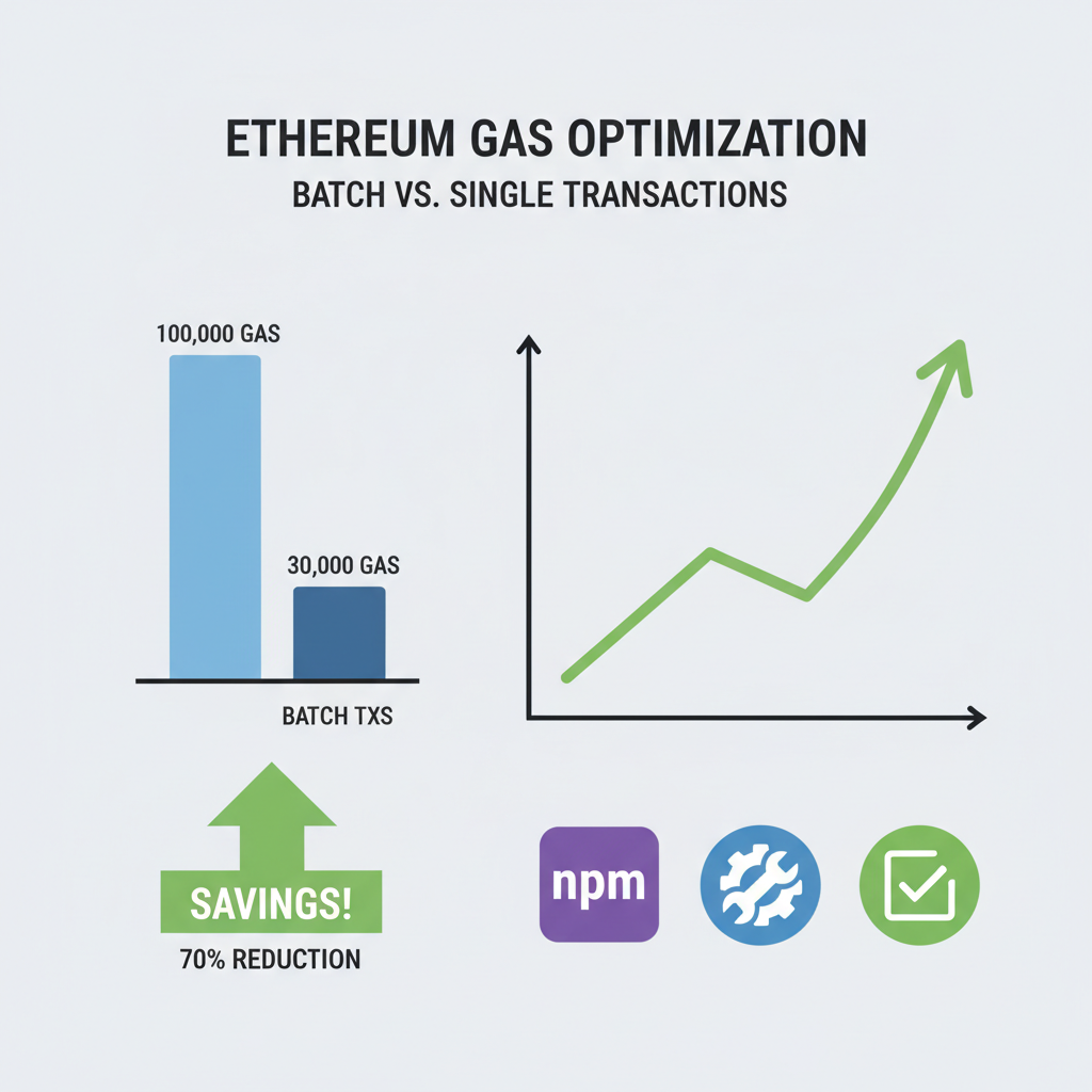 Ethereum gas meter chart comparing batch vs single txs, savings graph upward arrow, npm toolkit icons
