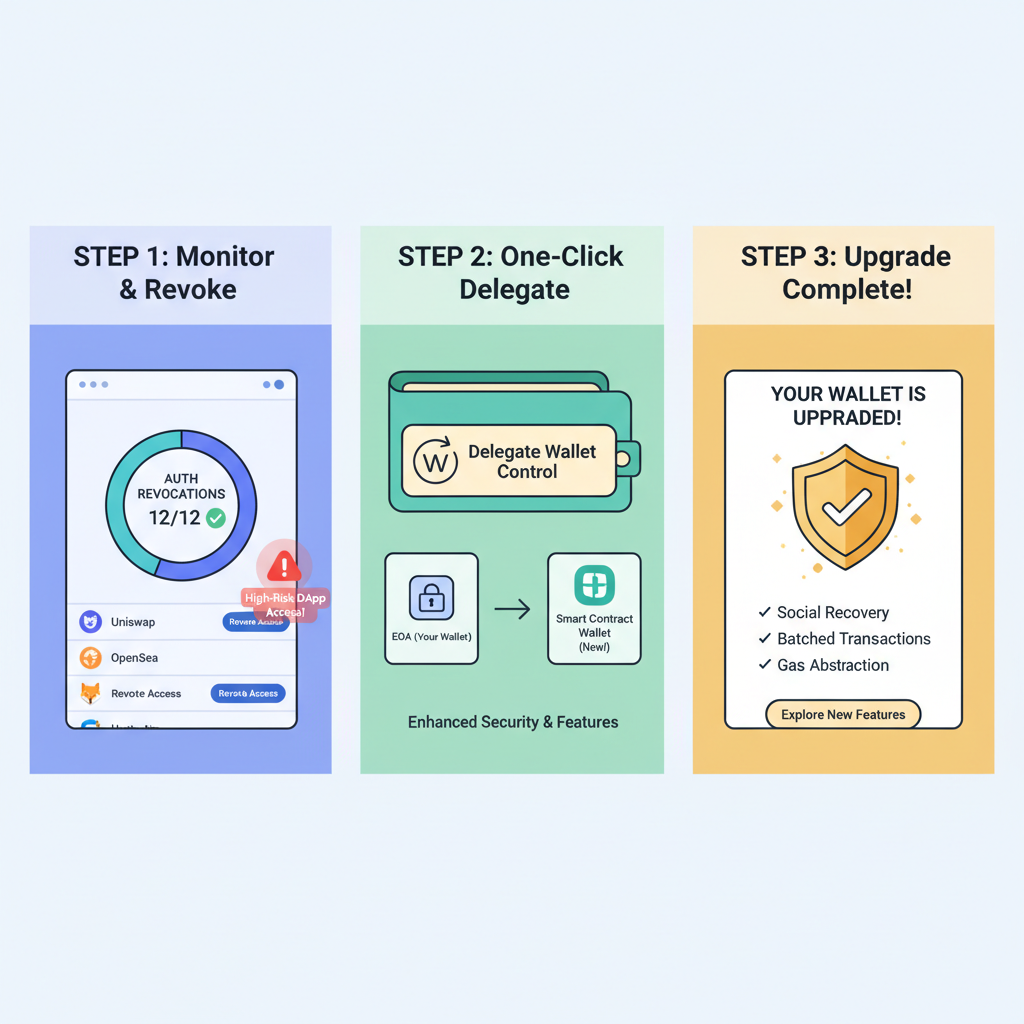 dashboard monitoring auth revocation, one-click wallet delegation UI, Ethereum EOA upgrade flow