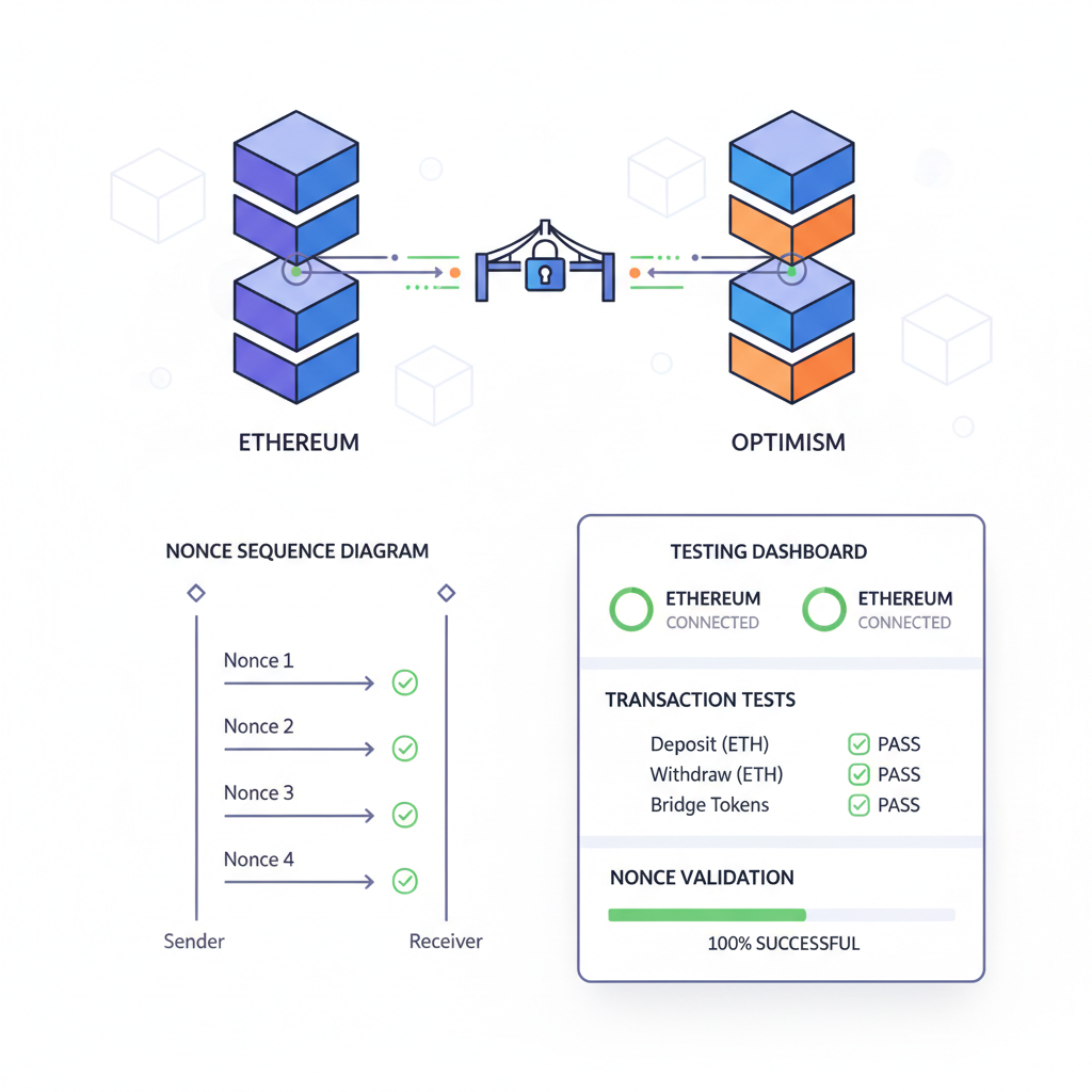 blockchain chains connecting Ethereum and Optimism, nonce sequence diagram, testing dashboard