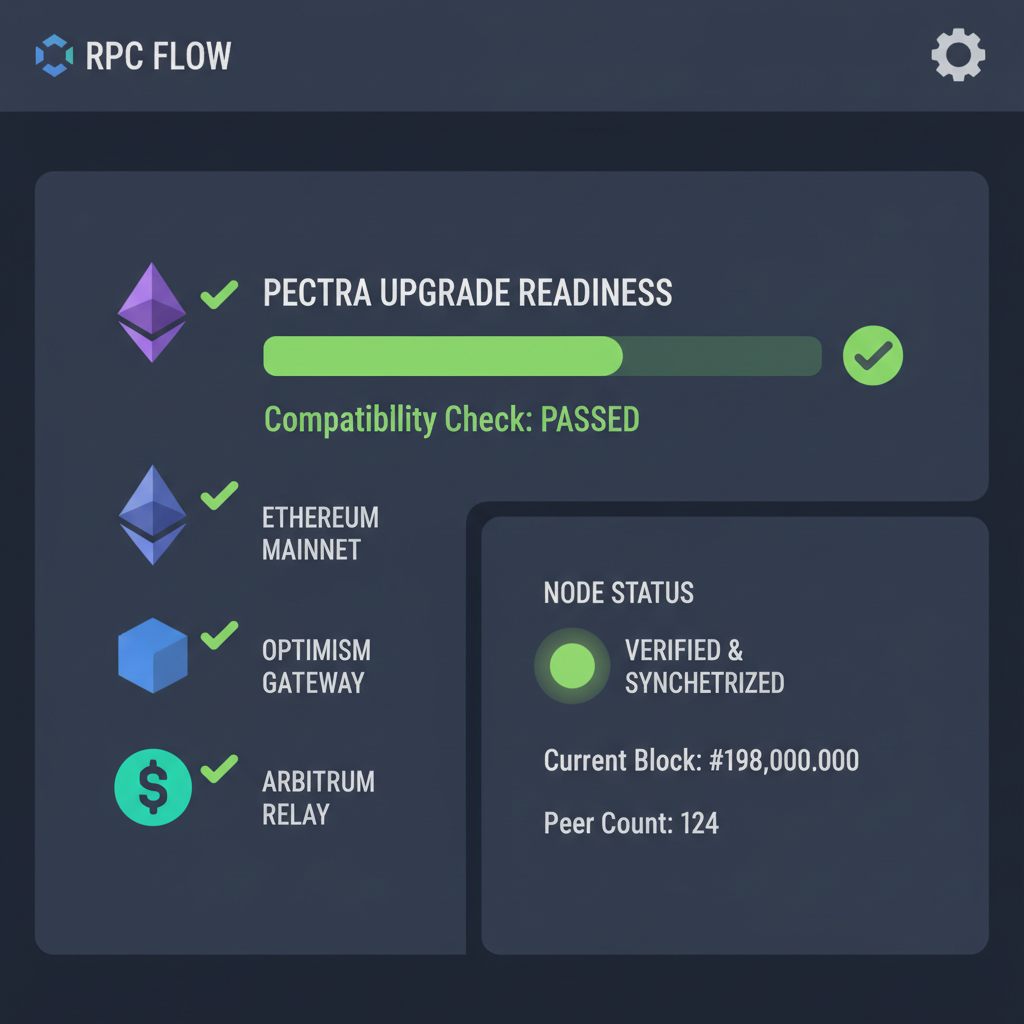 RPC node dashboard showing Pectra upgrade check, Ethereum compatibility icons, green verified status