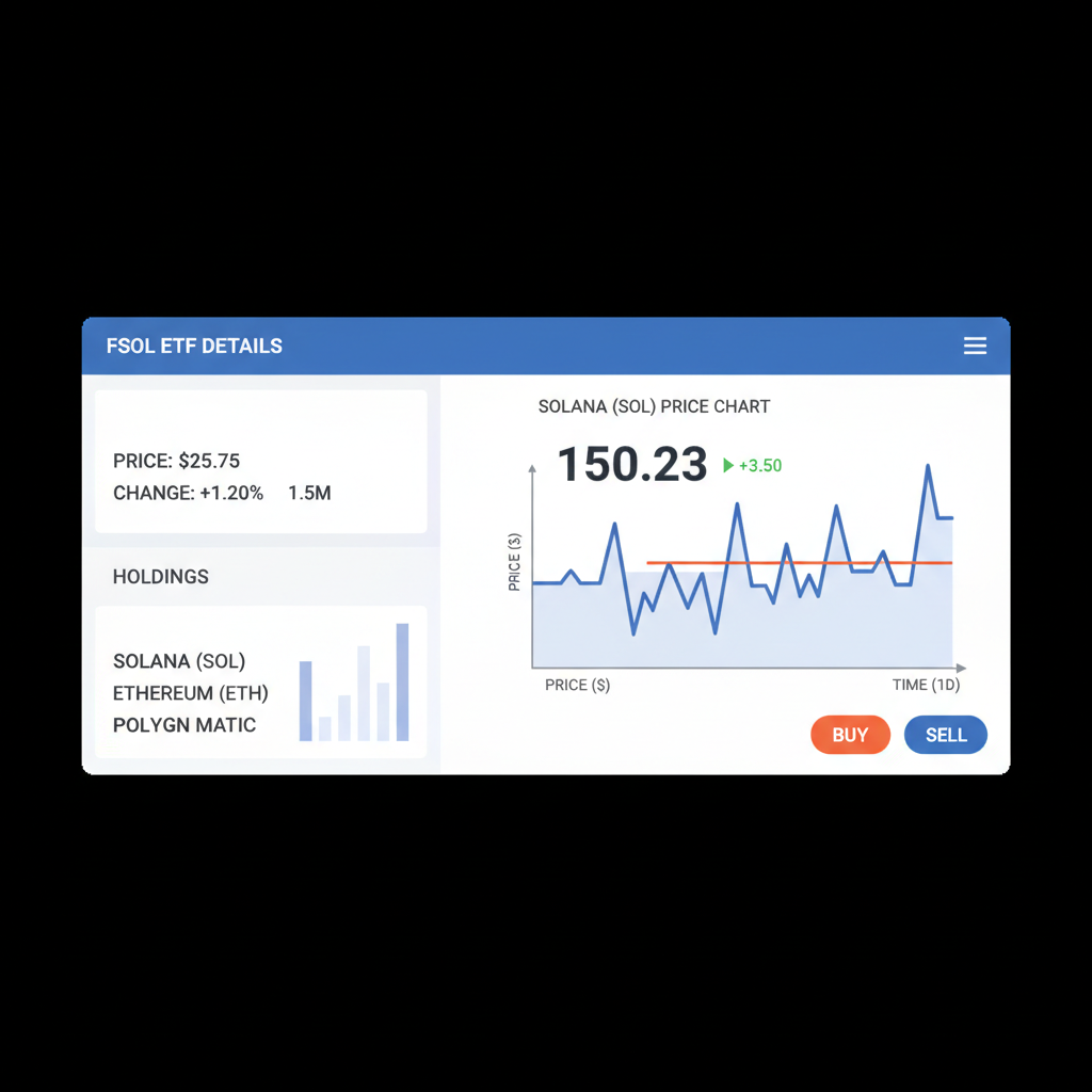 Fidelity trade screen showing FSOL ETF details and Solana price chart