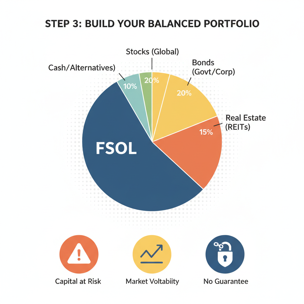 balanced portfolio pie chart with FSOL slice and risk warning icons