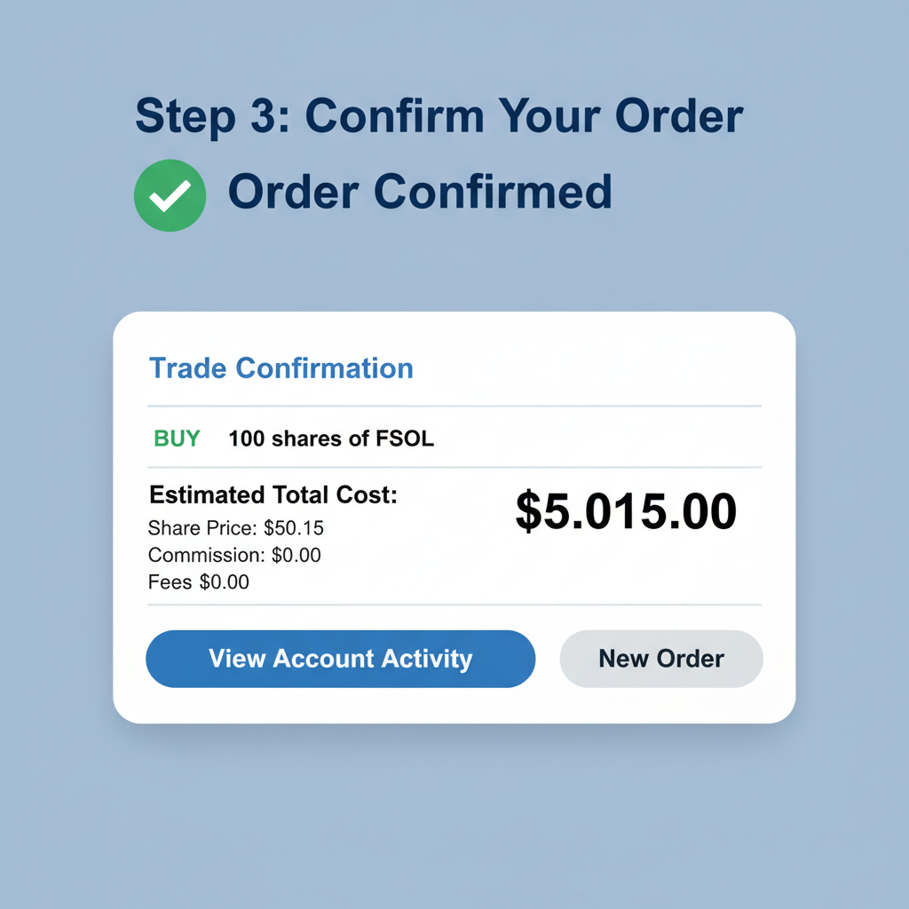 Fidelity order confirmation screen for buying FSOL ETF shares