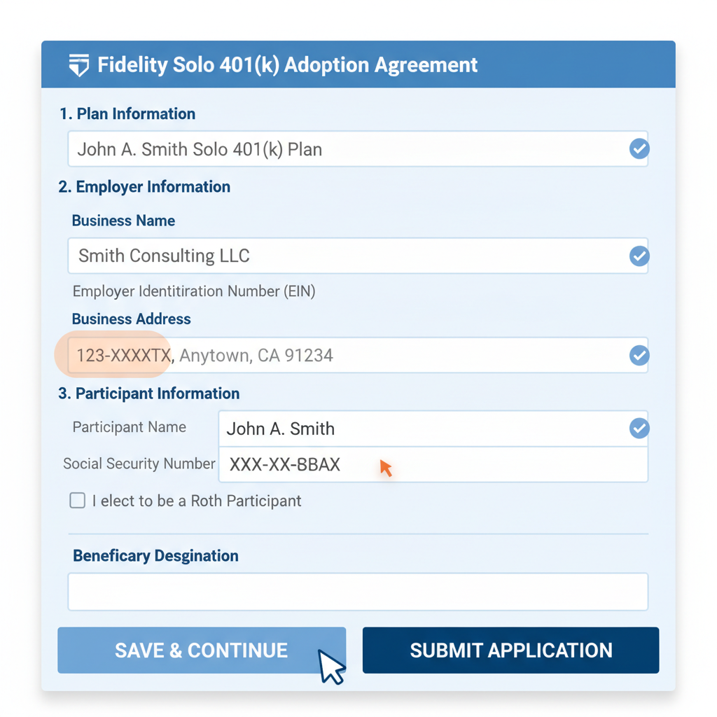 /imagine screenshot Fidelity Solo 401k application form partially filled, adoption agreement section