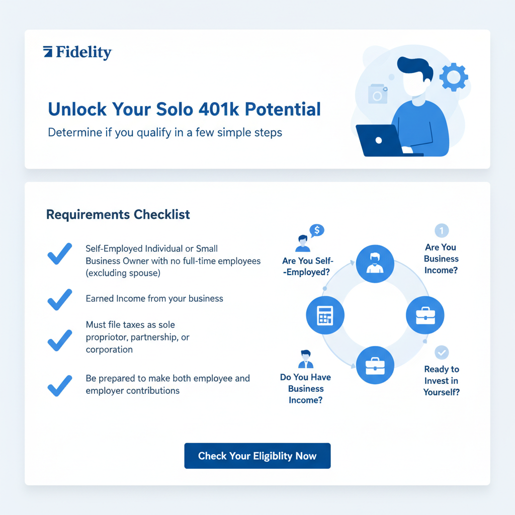 /imagine screenshot of Fidelity Solo 401k eligibility page with requirements list, professional blue theme