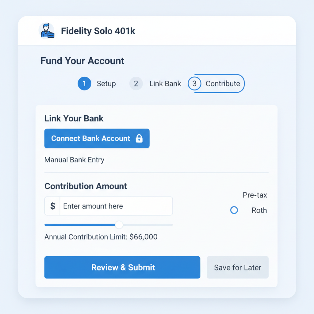 /imagine screenshot Fidelity funding page for Solo 401k, bank link and contribution amount fields