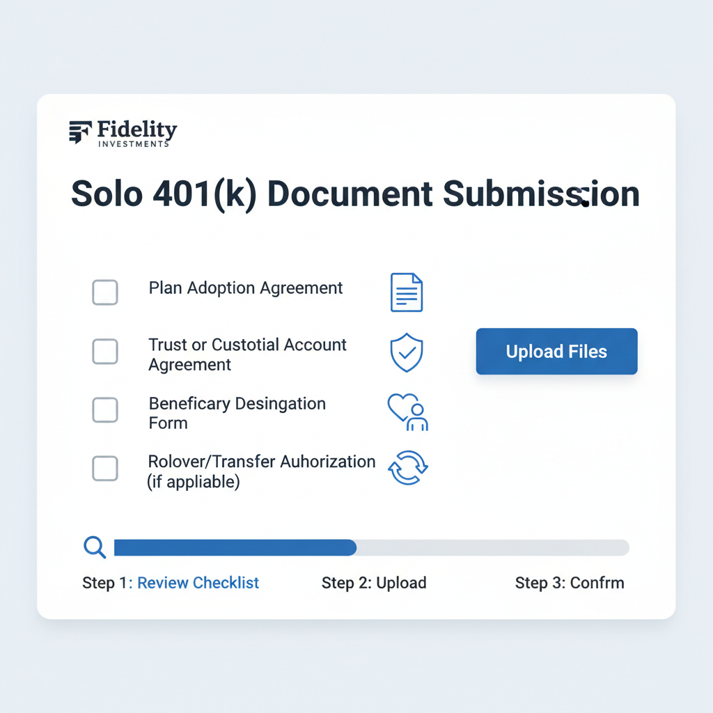 /imagine screenshot of Fidelity document upload page for Solo 401k, checklist of required files