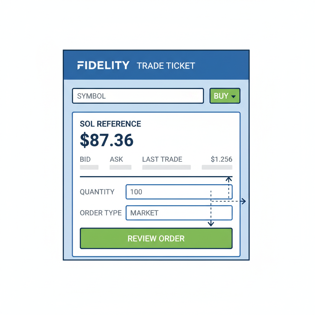/imagine screenshot Fidelity trade ticket for FSOL ETF, quote showing SOL reference $87.36