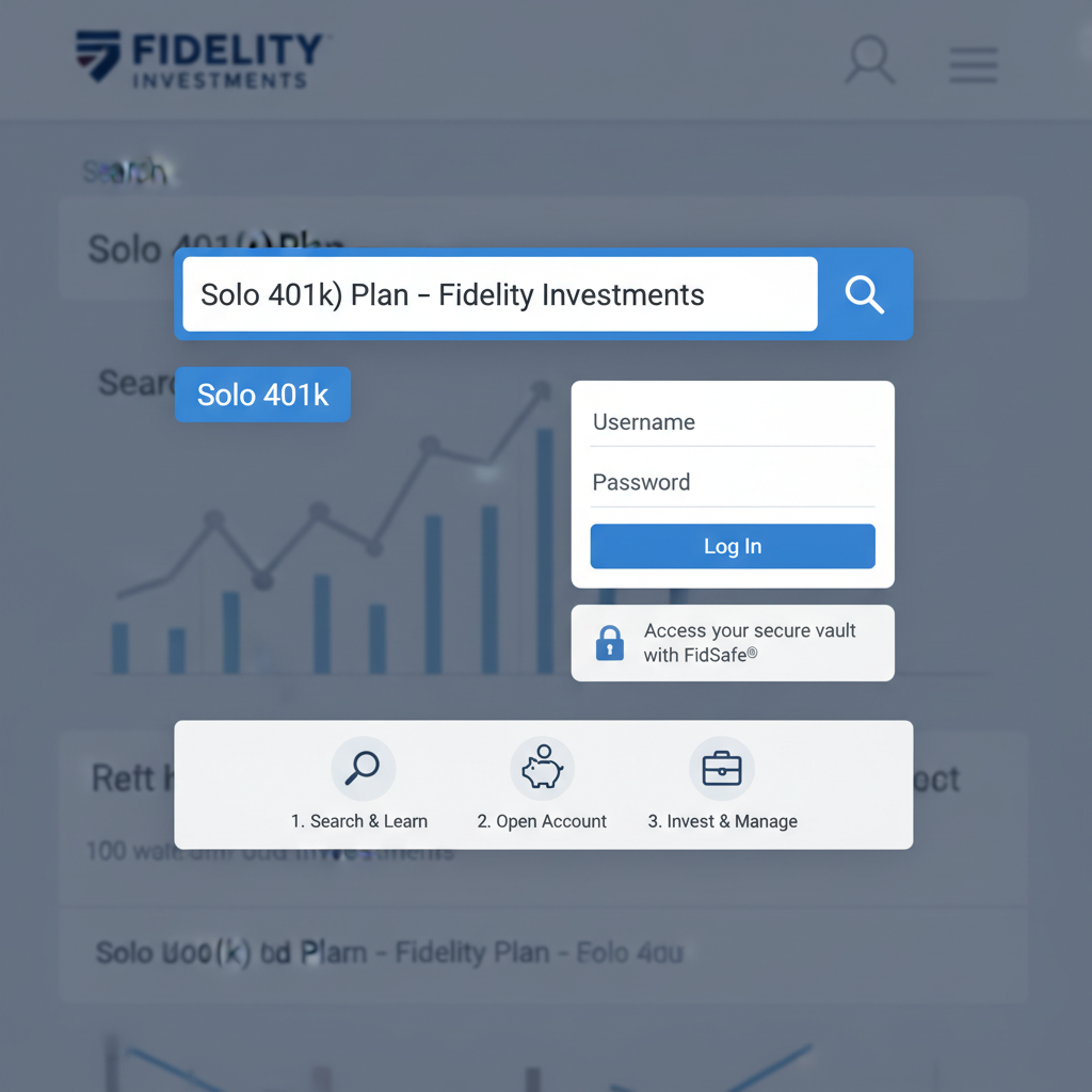 /imagine screenshot Fidelity homepage search for Solo 401k, login prompt with FidSafe vault