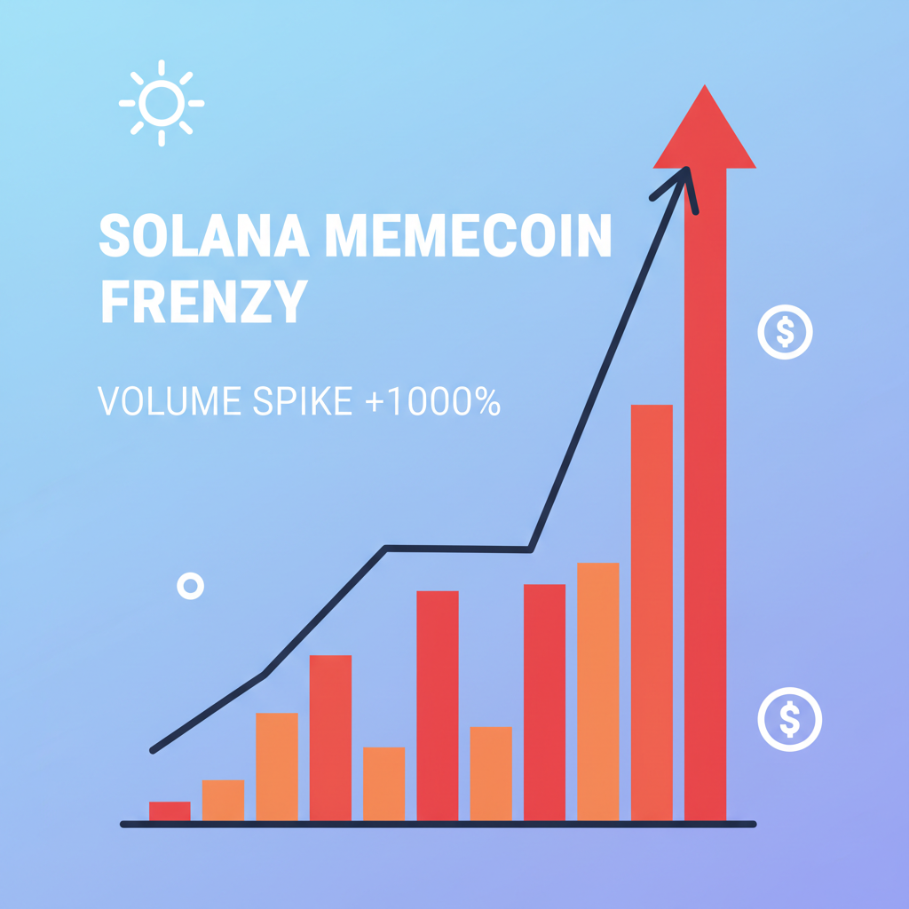 crypto volume spike chart exploding upward, Solana memecoin trading frenzy, red hot bars