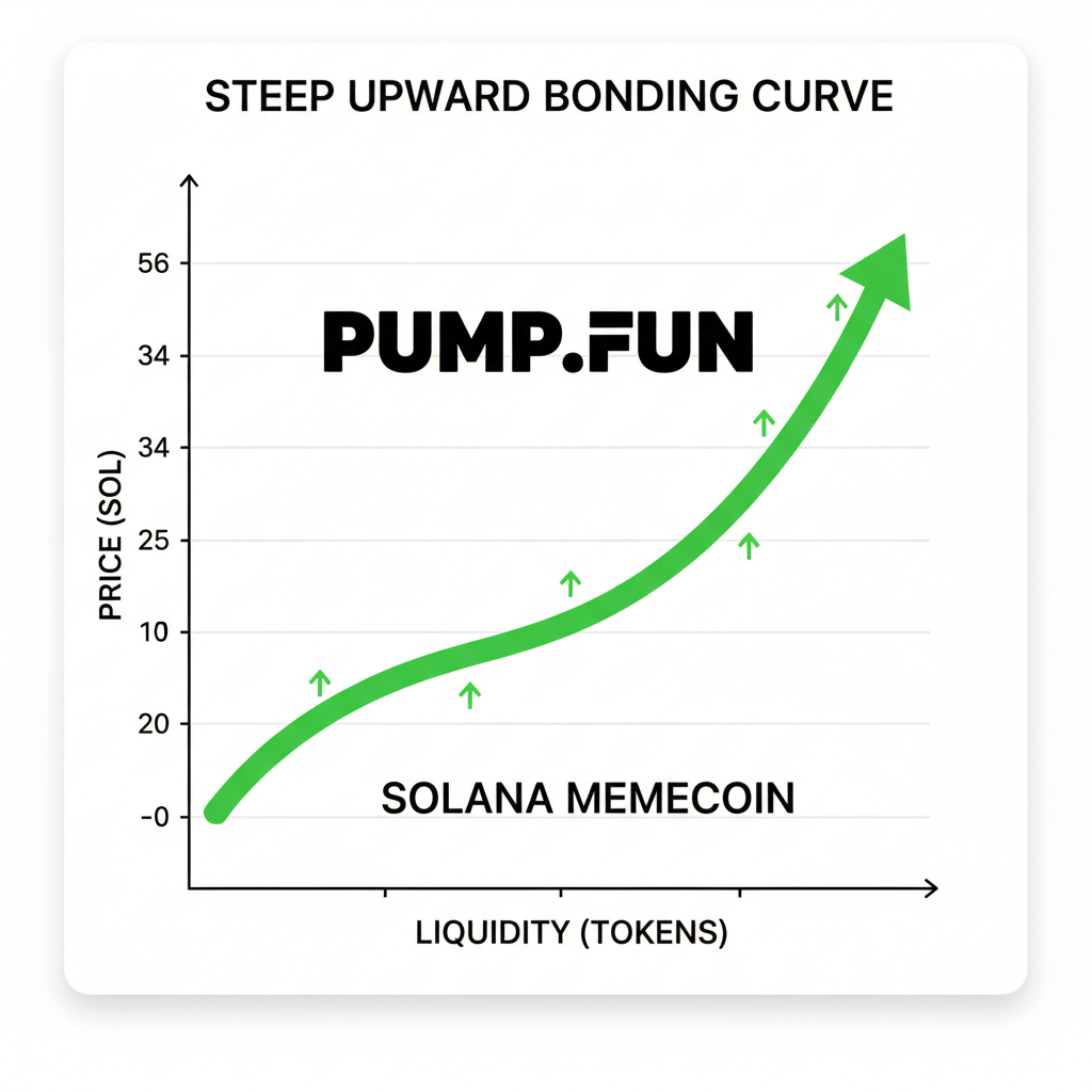 steep upward bonding curve graph for Solana memecoin on pump.fun, green bullish line, dynamic chart style