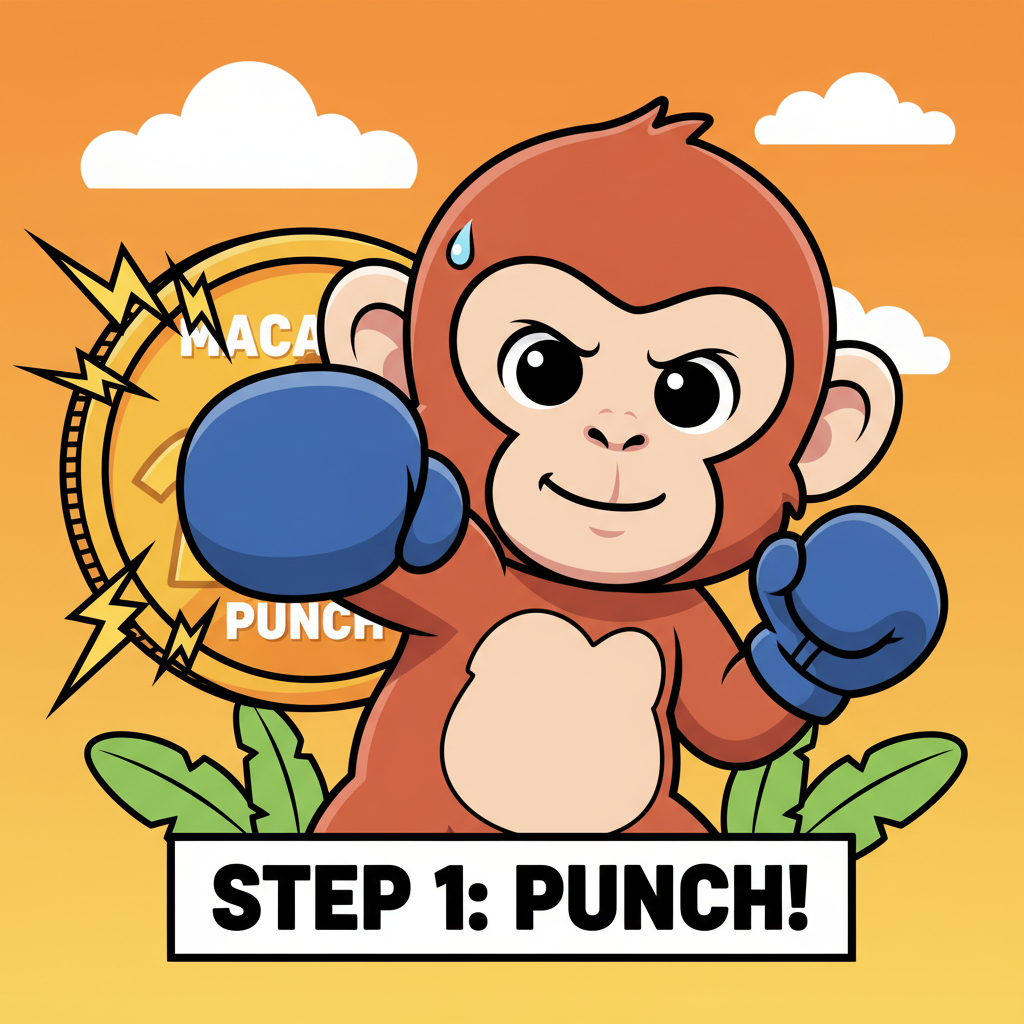 cute baby japanese macaque monkey punching, cartoon memecoin style, vibrant