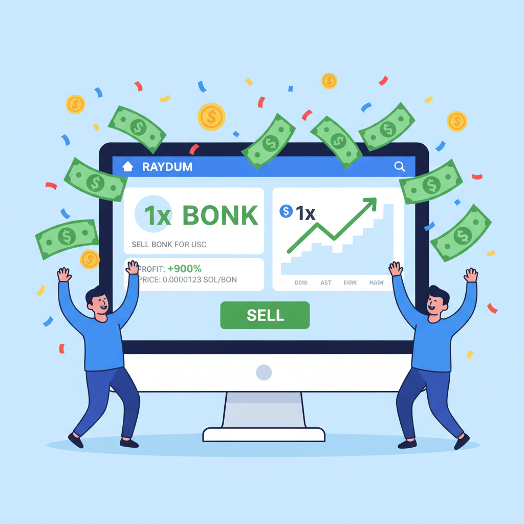 Raydium DEX sell screen with profits, Solana memecoin chart at 10x gain, money raining celebration