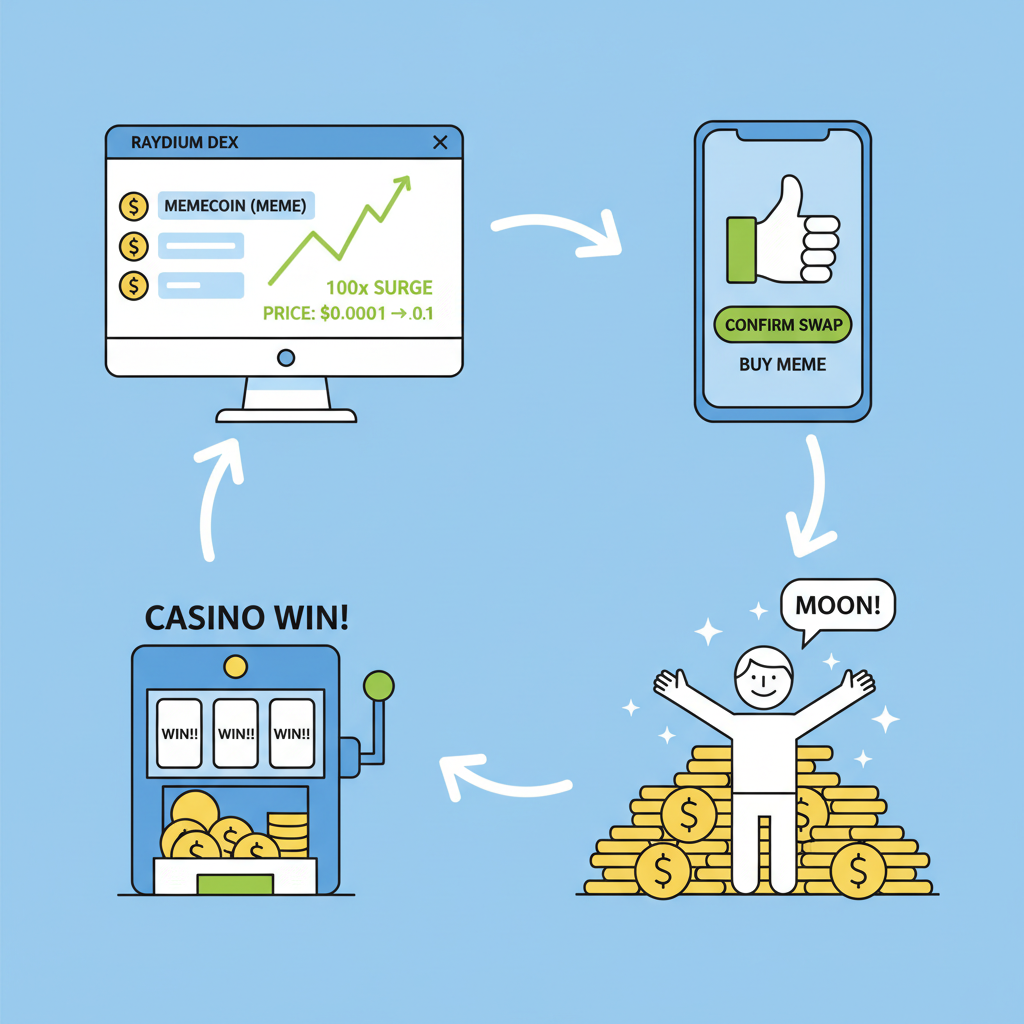 raydium dex listing memecoin, price chart 100x surge, casino win