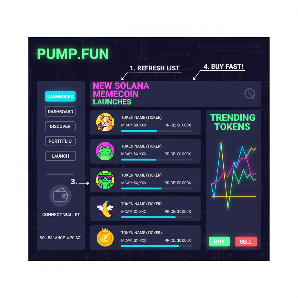 pump.fun dashboard showing new Solana memecoin launches under 50k MC, vibrant neon UI, energetic crypto trading vibe