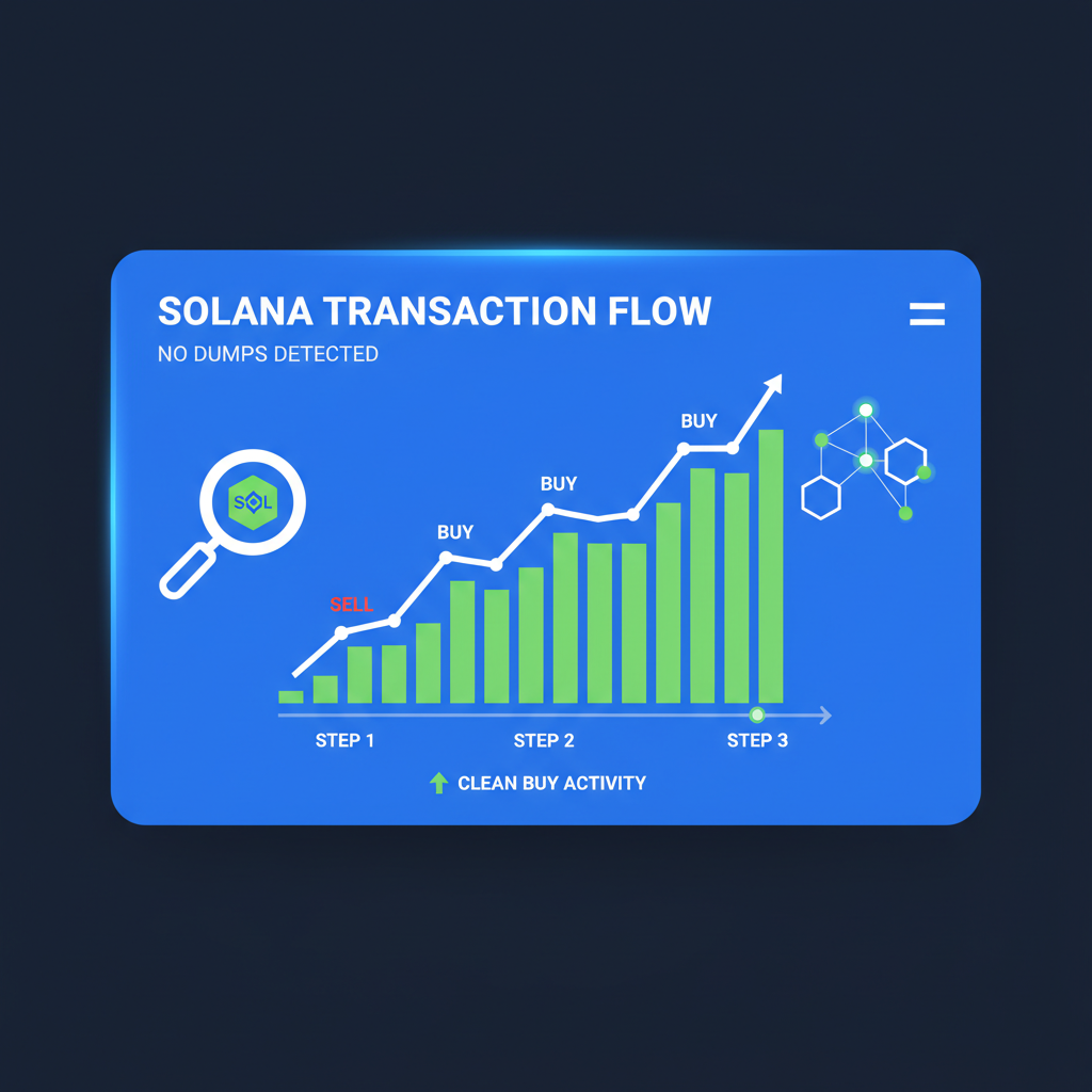 Solana wallet transaction graph no dumps, clean buy activity, detective crypto analysis screen