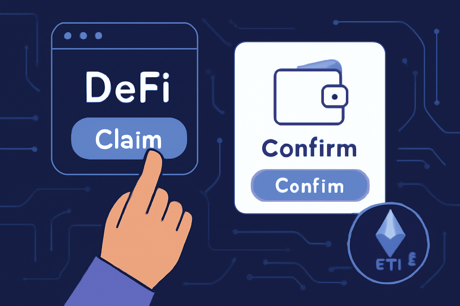 A user clicking a 'Claim' button on a DeFi platform, wallet confirmation popup, ETH gas fee icon, futuristic interface