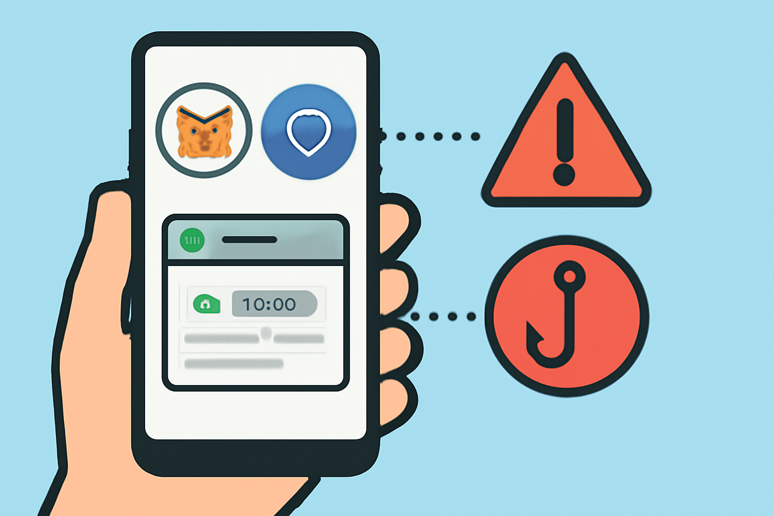 A hand holding a smartphone with MetaMask and Trust Wallet icons, connecting to a secure website, warning signs for phishing, digital security theme