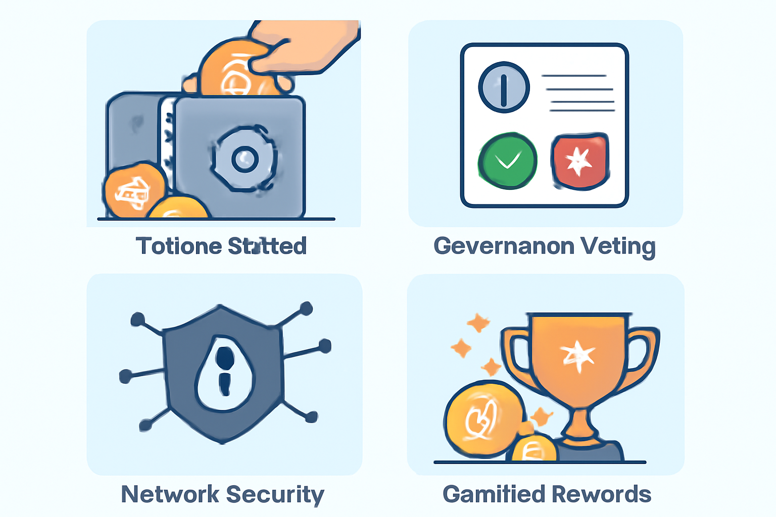Tokens being staked into a digital vault, governance voting interface, network security visuals, gamified rewards elements