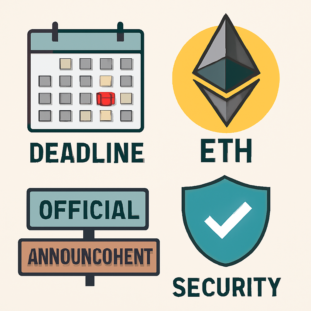 A calendar with a highlighted deadline, ETH coin for gas fees, official announcement banners, shield for security