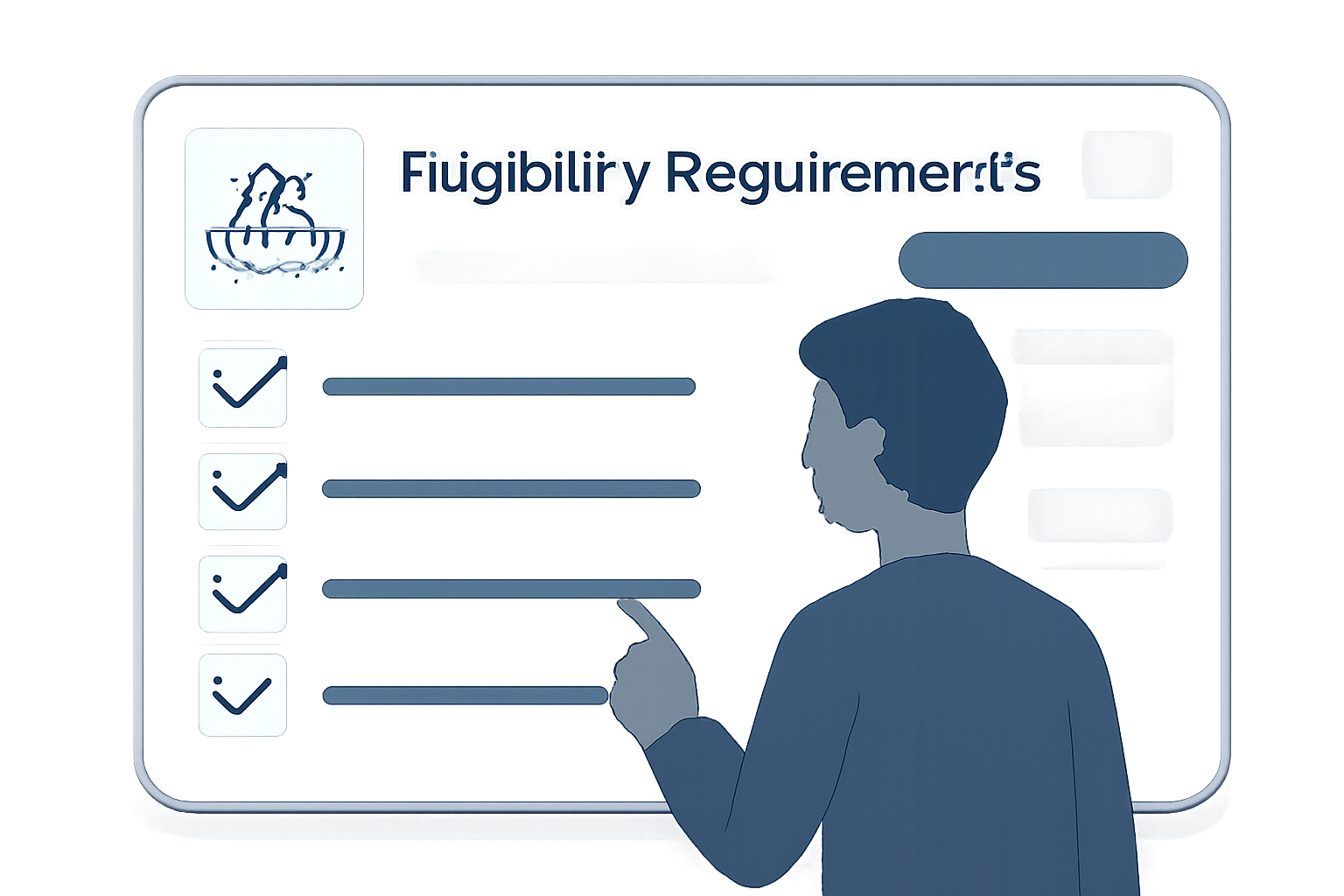 A checklist with a blockchain logo, a user checking off eligibility requirements on a digital dashboard, modern DeFi UI, clean and technical style