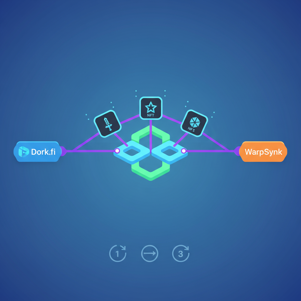 illustration of NFT badges bridging across glowing blockchain chains from Dork.fi to WarpSynk