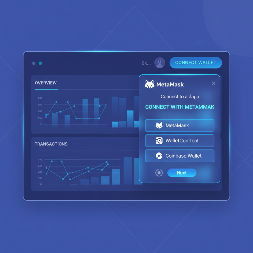 sleek web dashboard showing wallet connection button with MetaMask popup, futuristic UI, blue tones