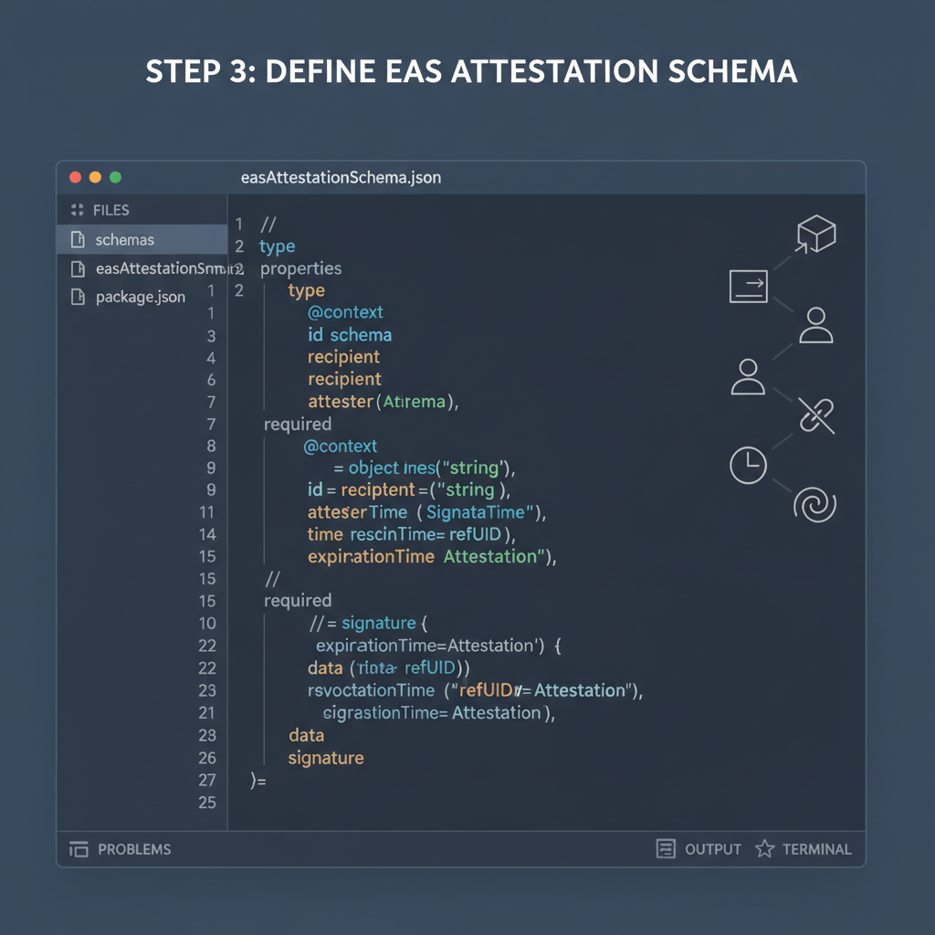 code editor interface defining JSON schema for EAS attestations, technical diagrams, dark mode