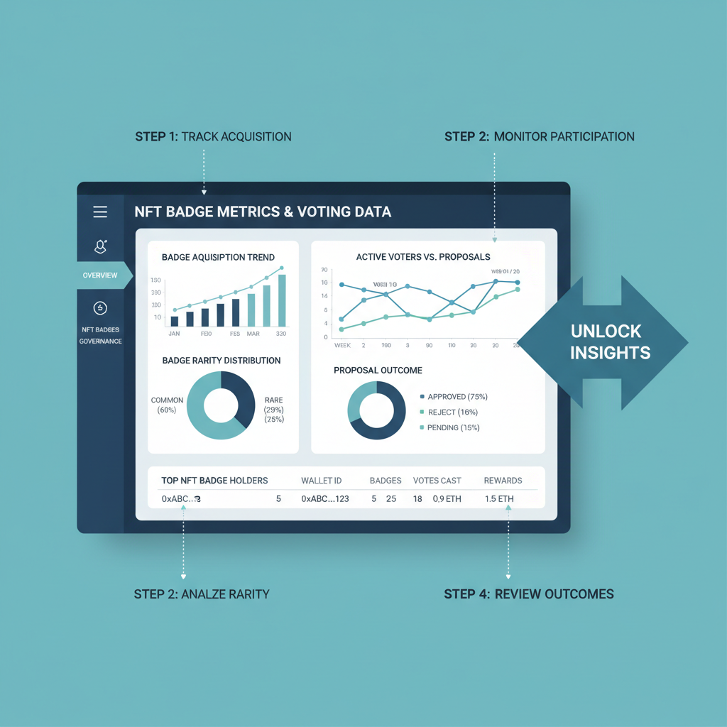 sleek analytics dashboard charts showing NFT badge metrics and voting data