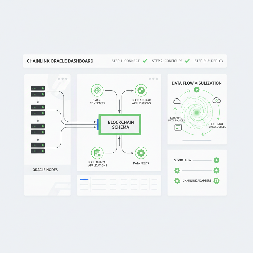 Chainlink oracle dashboard integrating with blockchain schema, nodes and data flow visualization, green accents