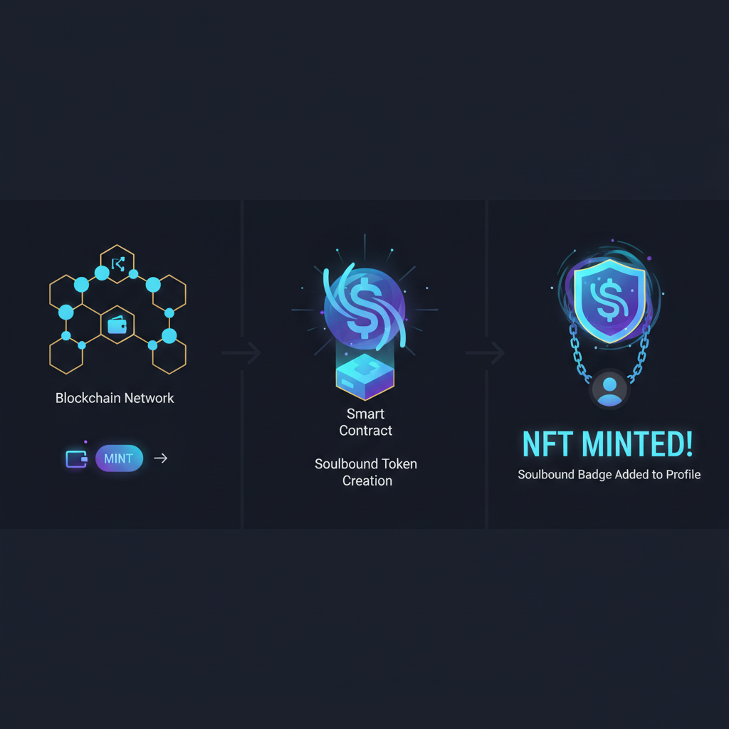 NFT minting animation on blockchain platform, glowing soulbound badge emerging, ethereal digital art