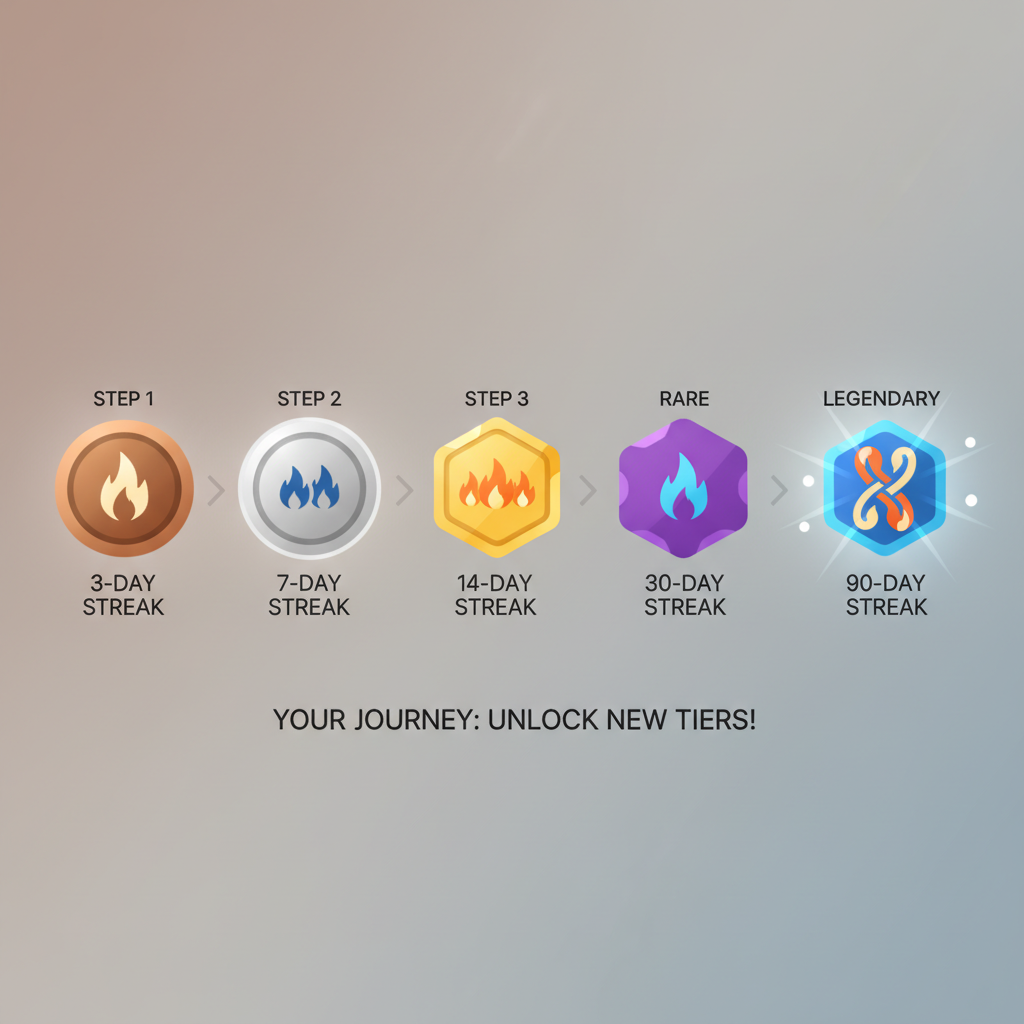 gamified NFT badge collection with streak flames and tiers
