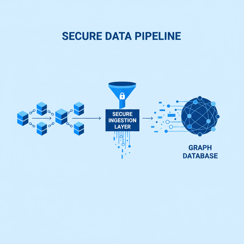 secure data ingestion pipeline with blockchain icons flowing into graph database, professional blue tones, clean diagram