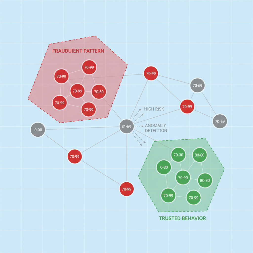 graph nodes with risk scores highlighted in red and green, heuristics applied, abstract crypto wallet network
