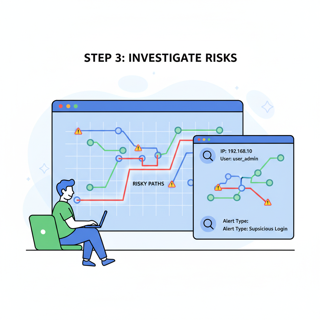 analyst triaging alerts on graph interface, highlighted risky paths, focused investigation screen