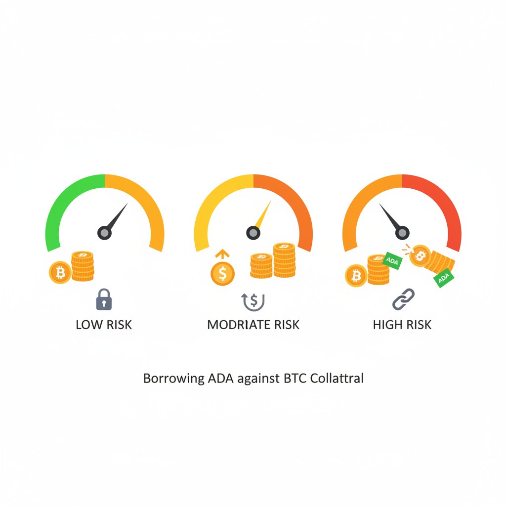 borrowing ADA against BTC collateral in lending app, risk gauge icons