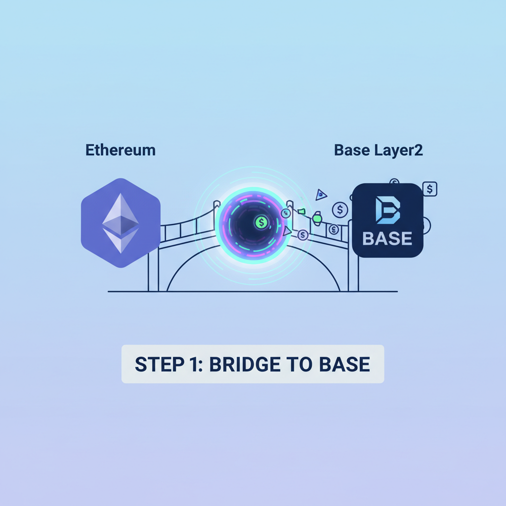 bridge icon connecting Ethereum to Base layer2, glowing portal with crypto tokens