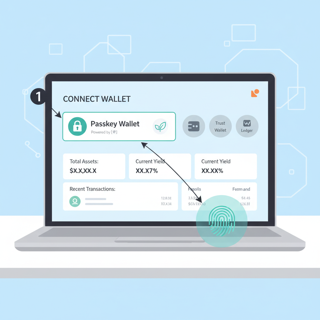 DeFi dashboard connecting passkey wallet, clean web3 interface on laptop