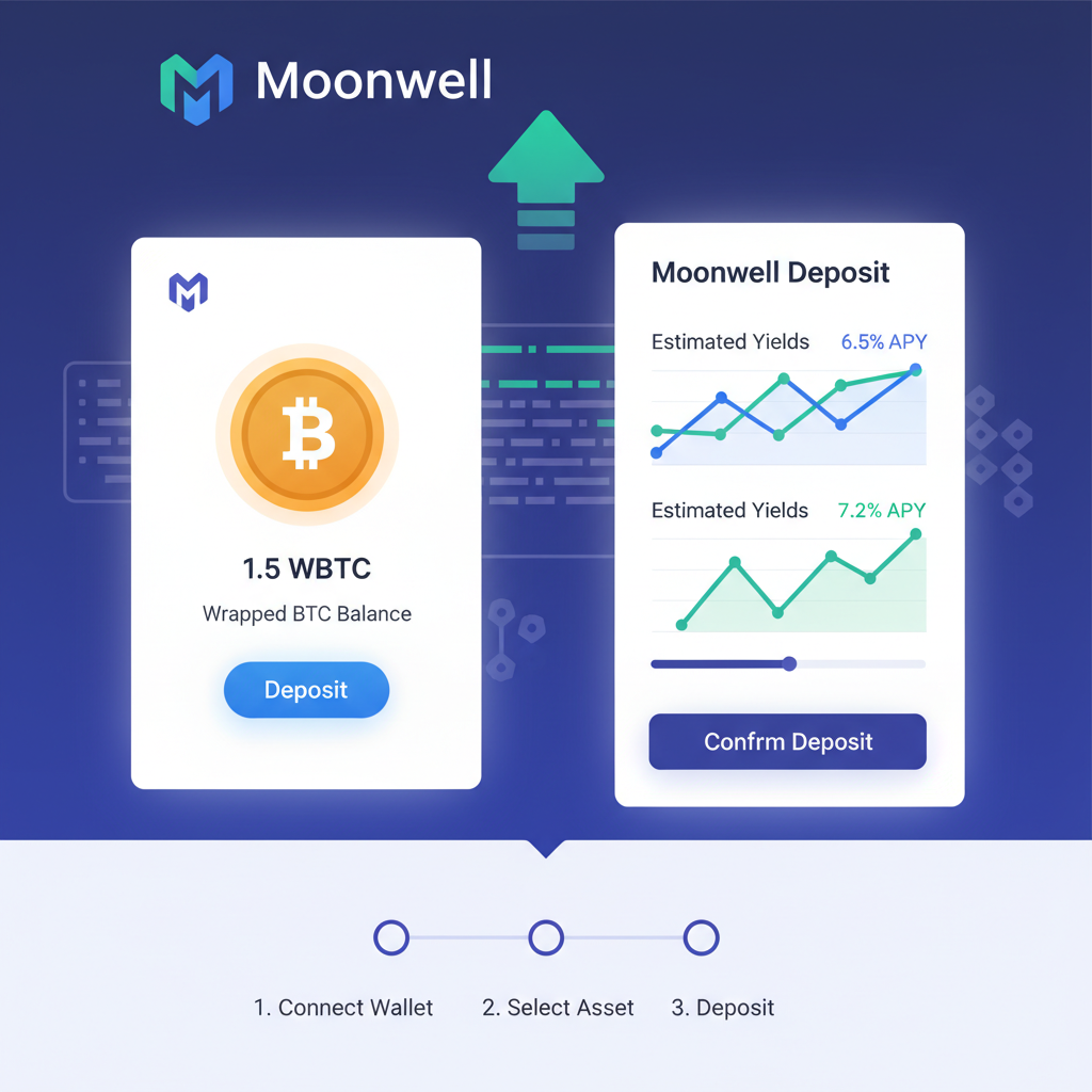 Moonwell app depositing wrapped BTC tokens, charts showing yields