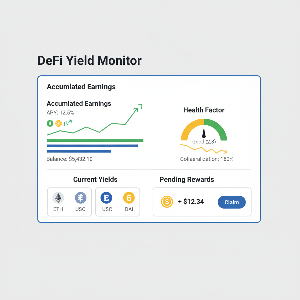 dashboard monitoring DeFi yields, graphs of earnings and health factor