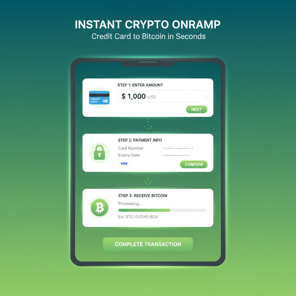 sleek UI screen showing fiat to crypto onramp, credit card to Bitcoin flow, vibrant greens