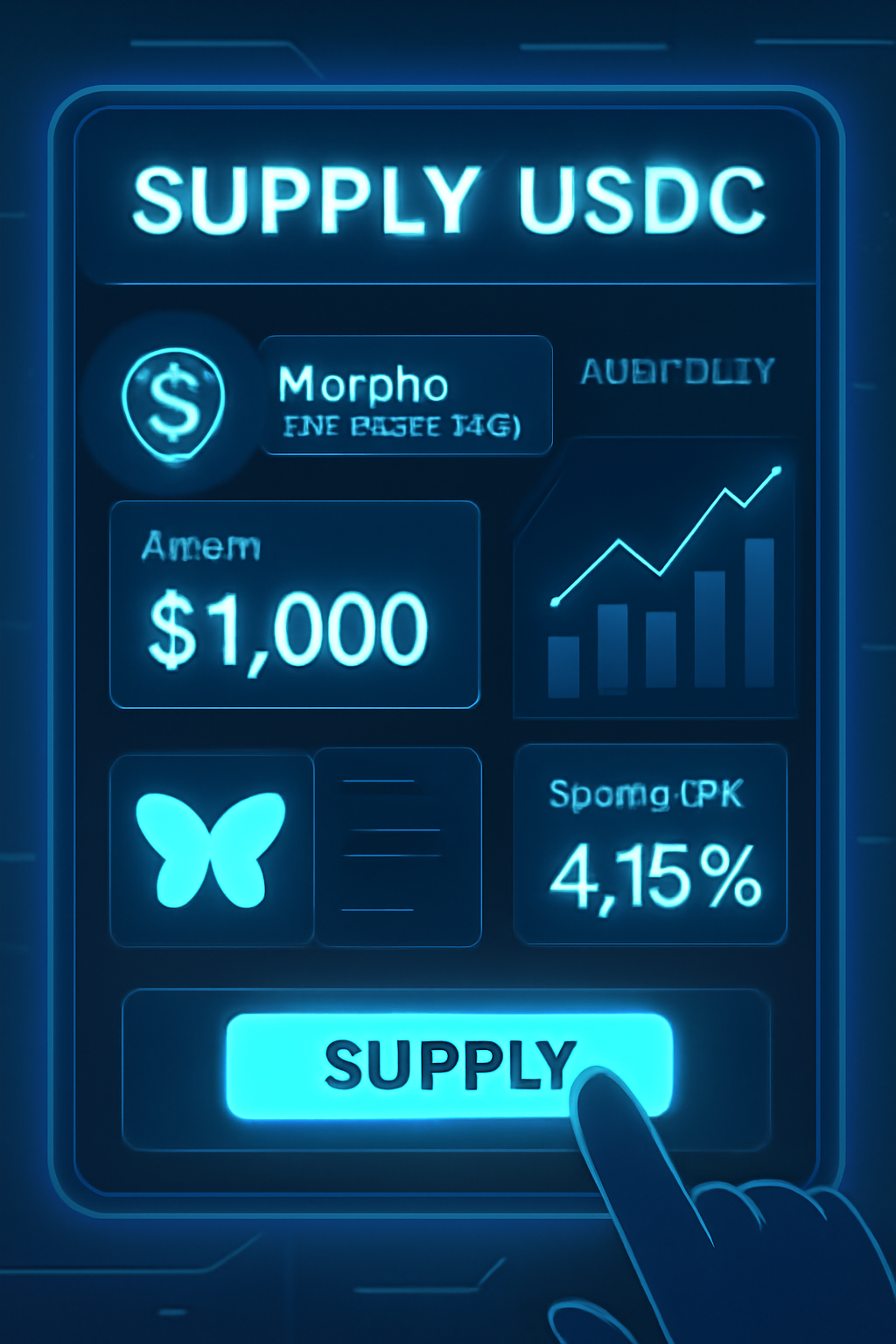 Futuristic DeFi interface supplying USDC to Morpho syrupUSDC market on Arbitrum, glowing blue tones, charts rising