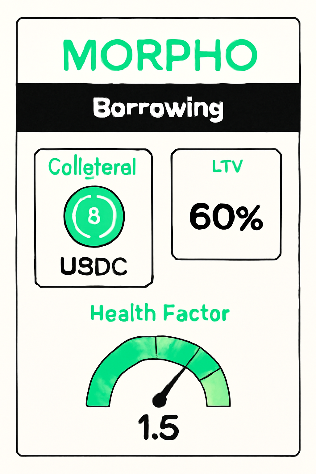 Morpho borrowing dashboard, USDC loan at 60% LTV, health factor gauge above 1.5, neon green indicators