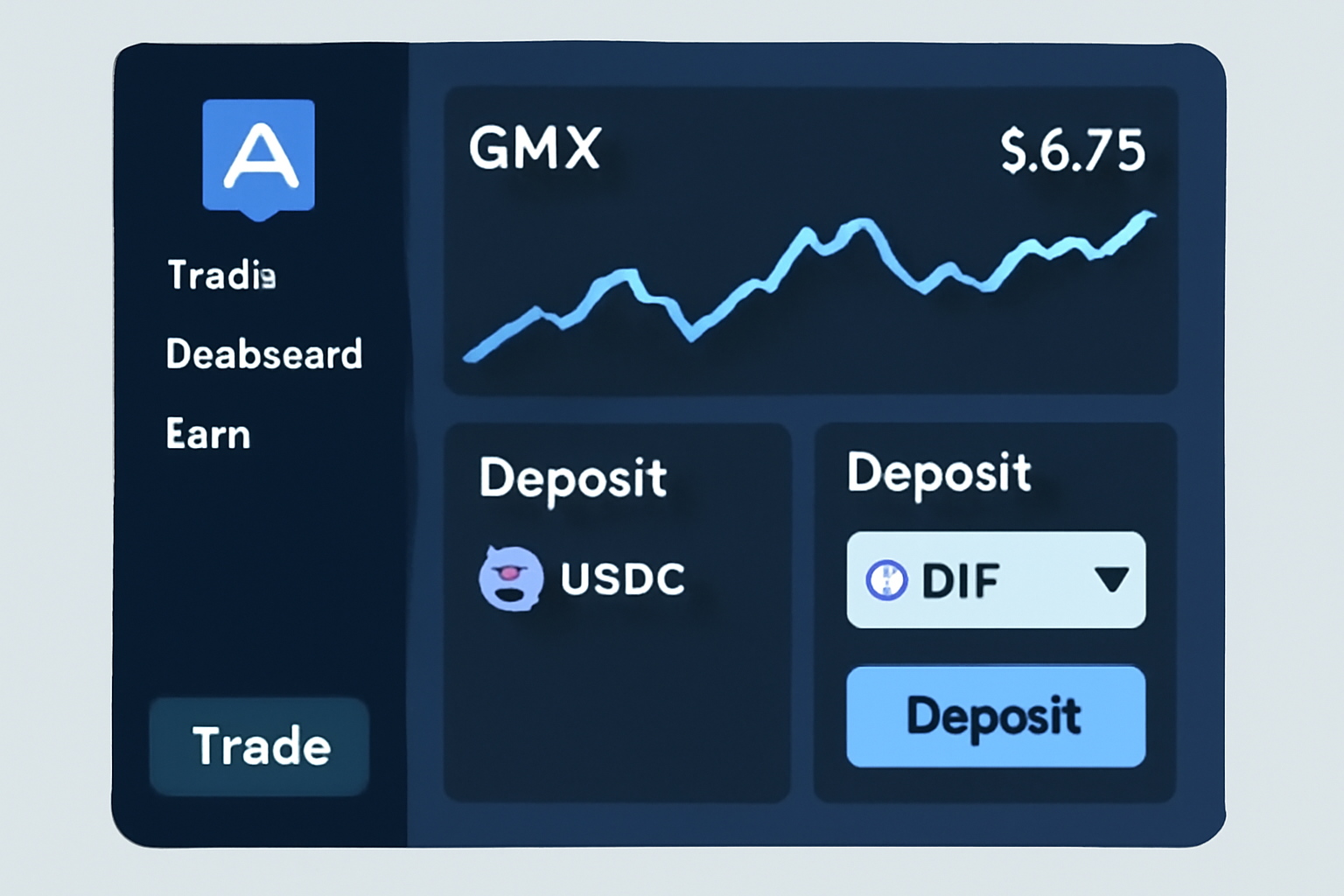 GMX trading terminal depositing USDC into GLP or opening perp position, dynamic charts with GMX price $8.75