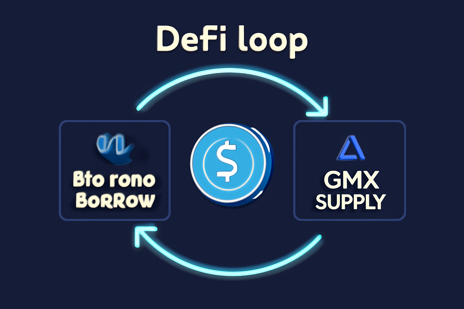 Looping animation in DeFi loop, USDC flowing from borrow to supply on Morpho and GMX, circular arrows glowing